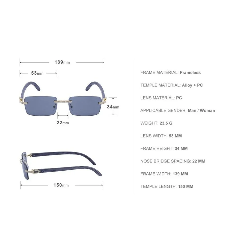 Square Men Sunglasses Rimless Brown Lens Fashion HipHop Retro Street Trendy Wear